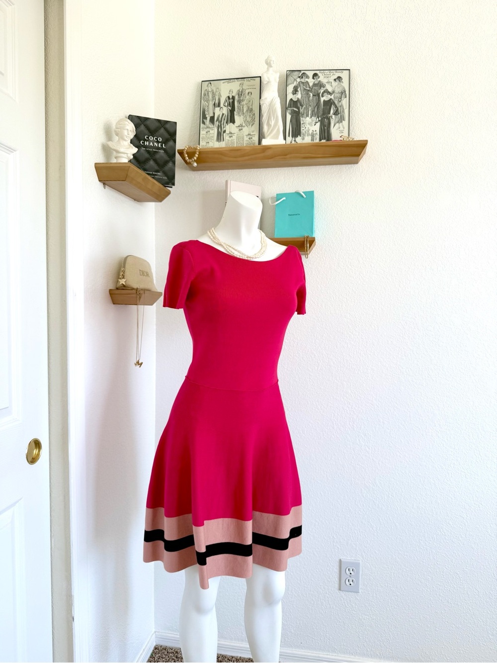 RED Valentino Fuchsia Colorblock Knit Fit & Flare Dress Luxury Designer